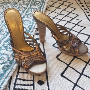 BCBG Gold & Copper Cork Block Heels
